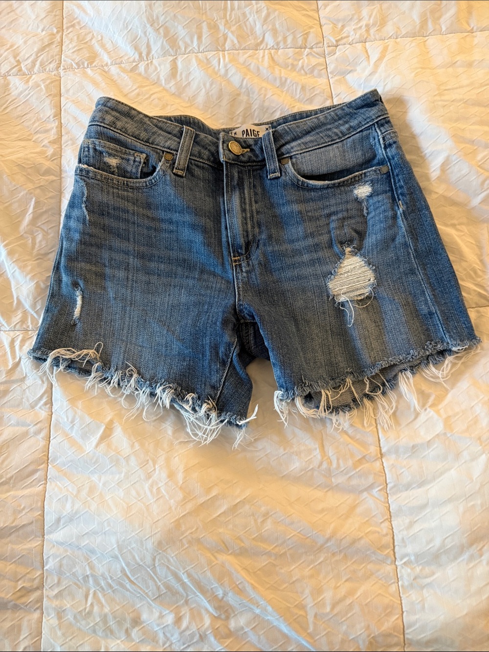 PAIGE Medium Blue Ripped Denim Cutoff Shorts Sz 24